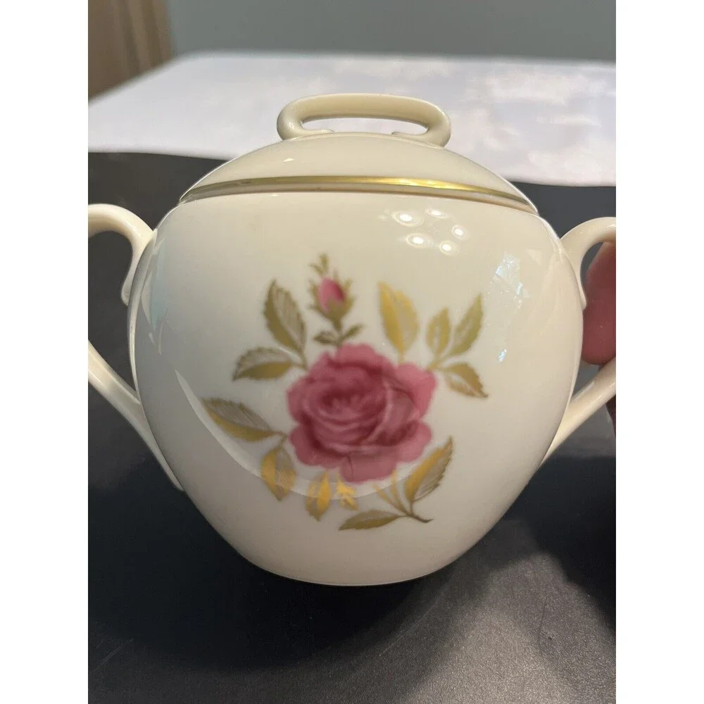 Vintage Lenox Roselyn Floral Pink Rose Gold Trim Creamer & Sugar Bowl w/ Lid